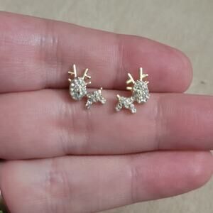 Gold tone & crystal cute reindeer Christmas post earrings